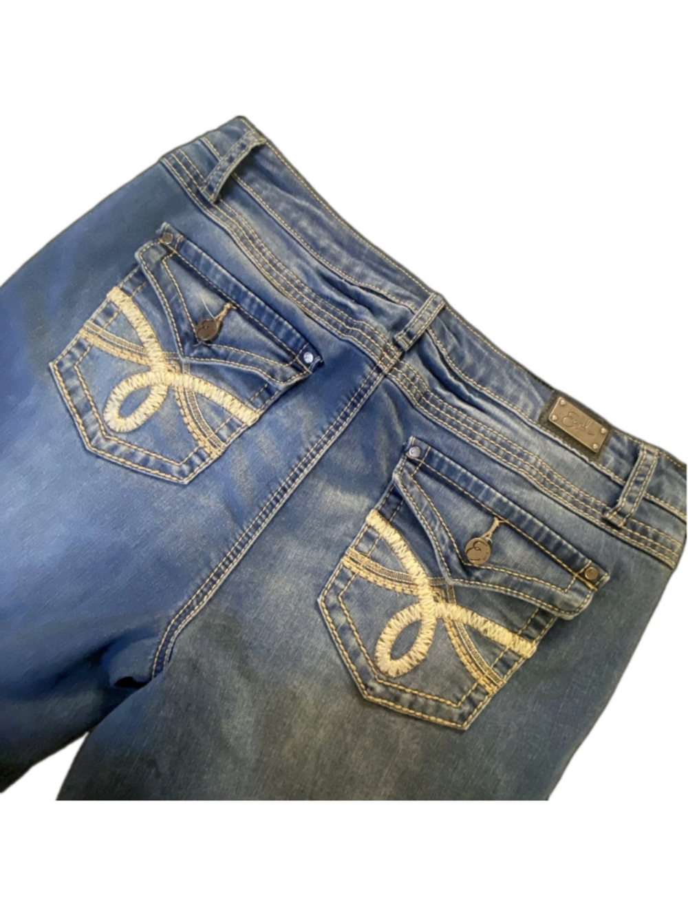 Earl Jean Bootcut Jeans Womens 14 Short Blue Y2K Embroidered Flap Pocket Stretch